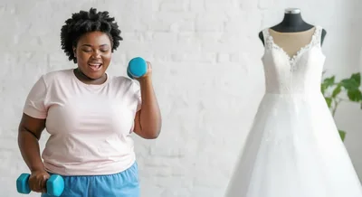 Plus Size Woman Exercising With Dumbbells Near Wedding Dress