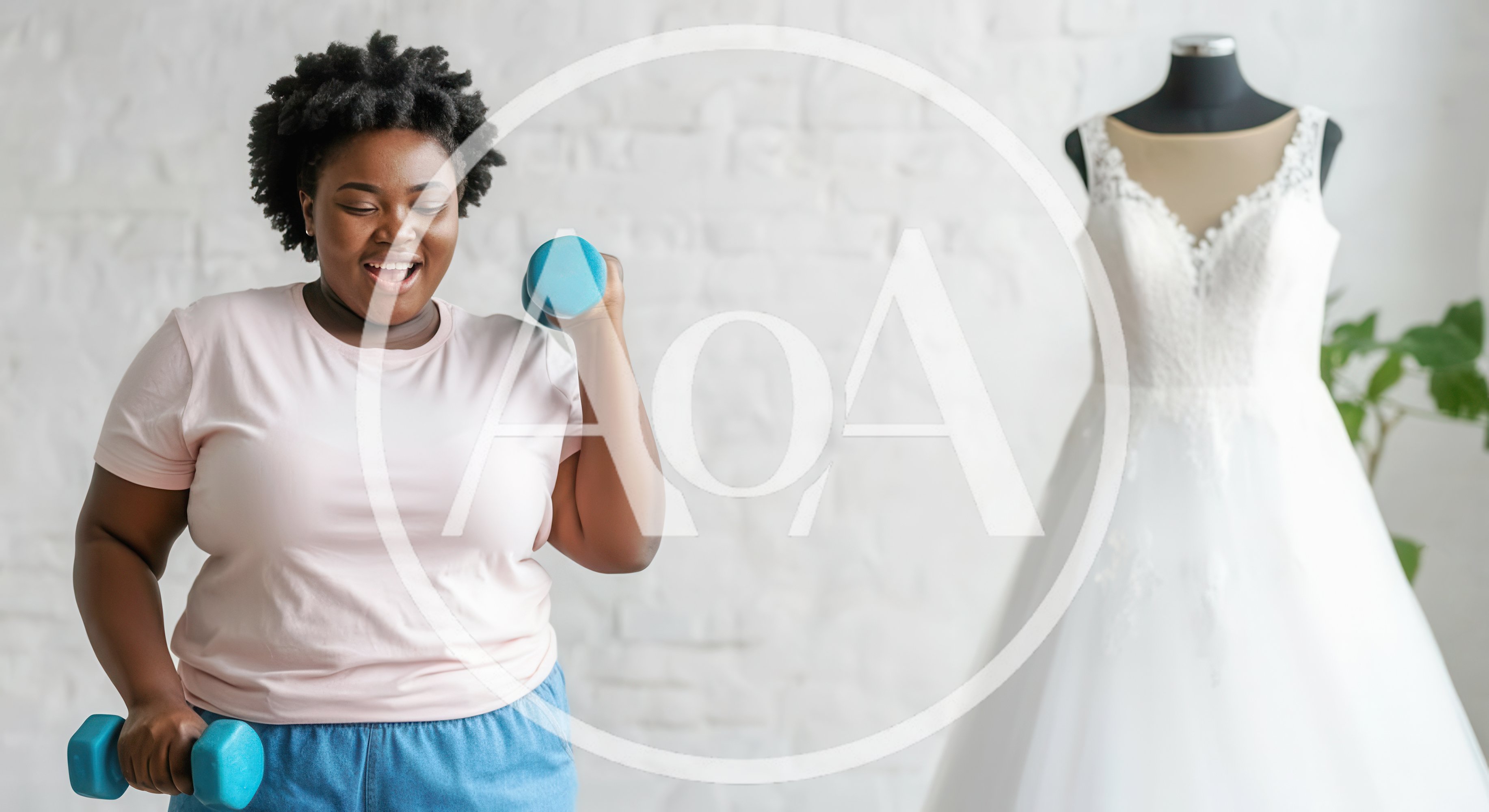 Plus Size Woman Exercising With Dumbbells Near Wedding Dress