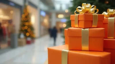 Stacked Orange Christmas Gift Boxes In Shopping Mall