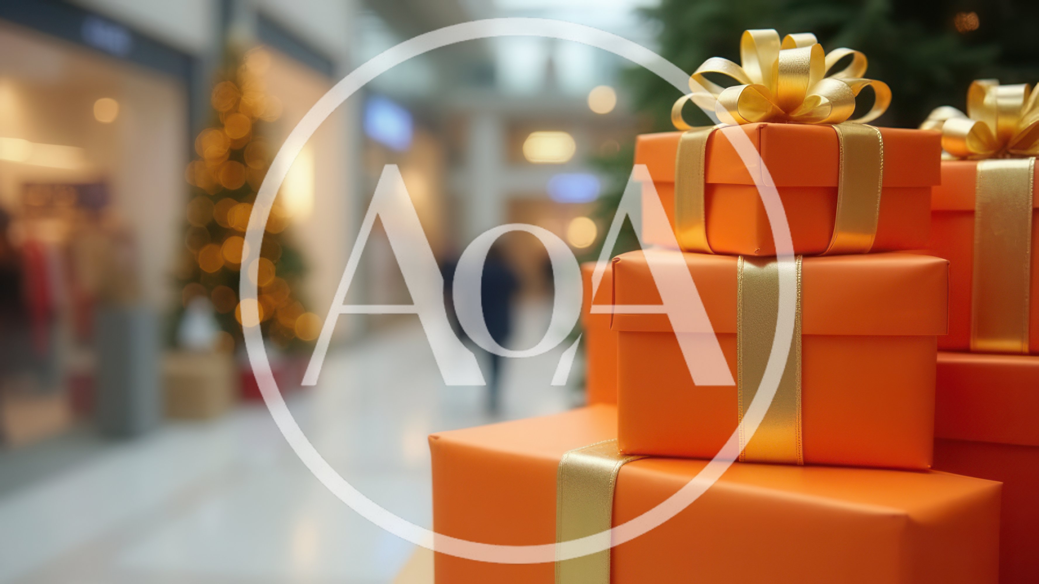 Stacked Orange Christmas Gift Boxes In Shopping Mall