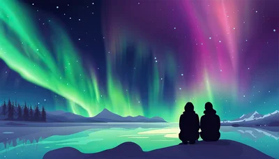 Couple Watching Northern Lights Over A Frozen Lake