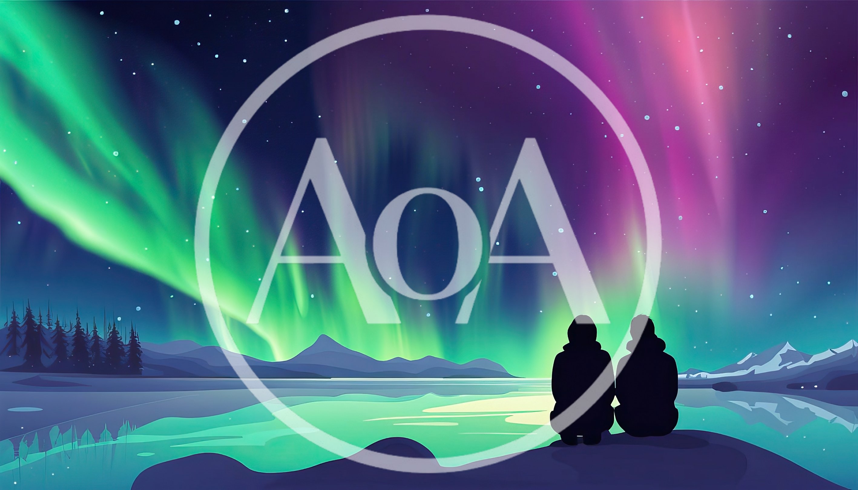 Couple Watching Northern Lights Over A Frozen Lake