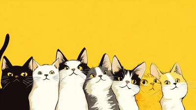 Line Of Cute Cats On Yellow Background
