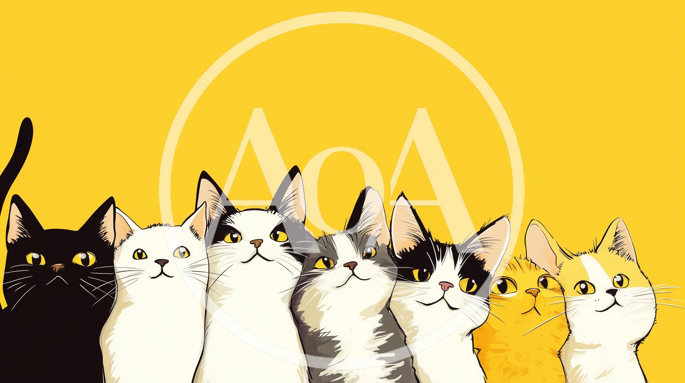 Line Of Cute Cats On Yellow Background
