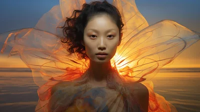 Portrait of a Woman with Ethereal Fabric Wings