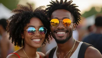 Happy Young Couple Wearing Sunglasses At Outdoor Festival