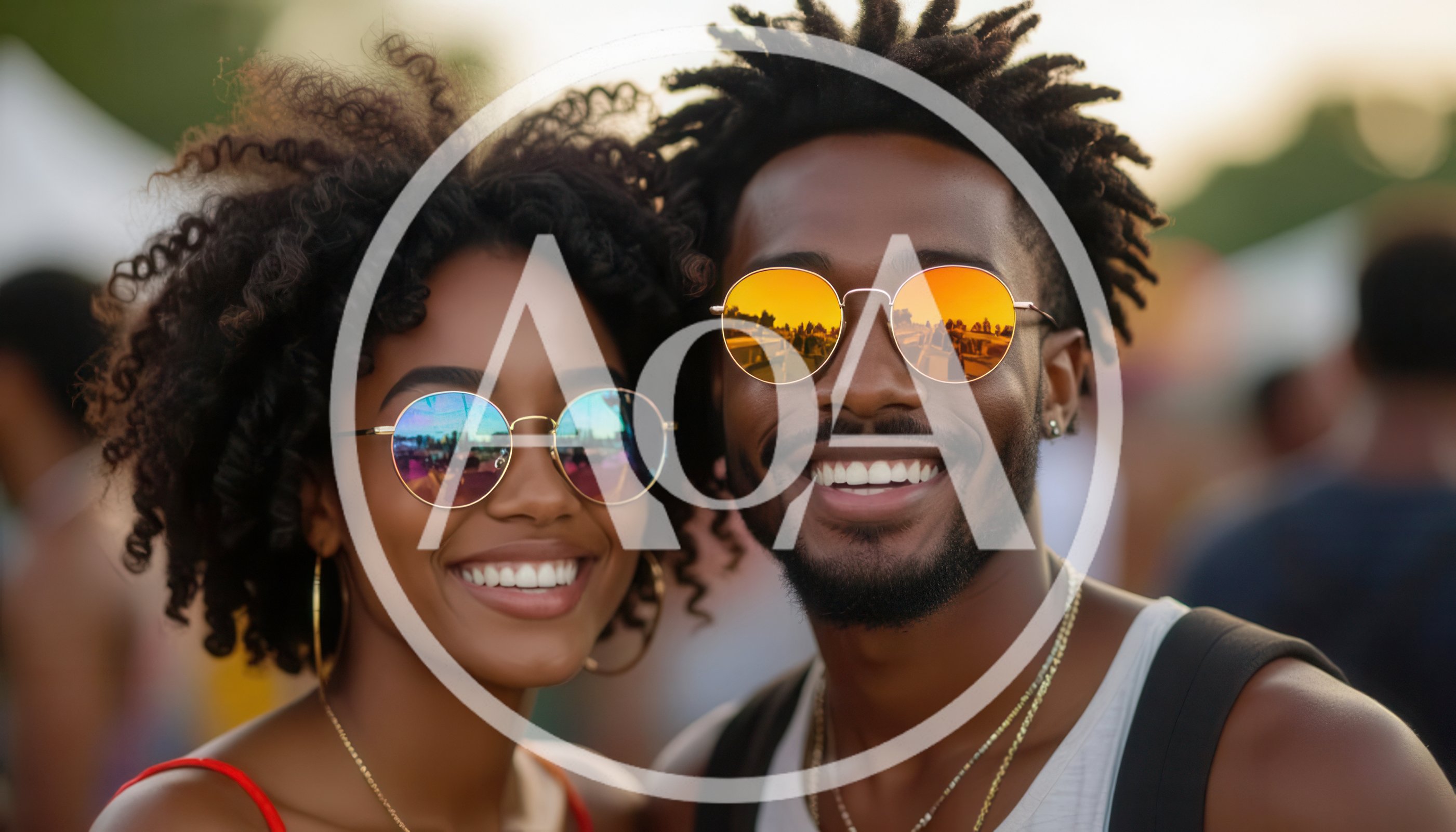 Happy Young Couple Wearing Sunglasses At Outdoor Festival