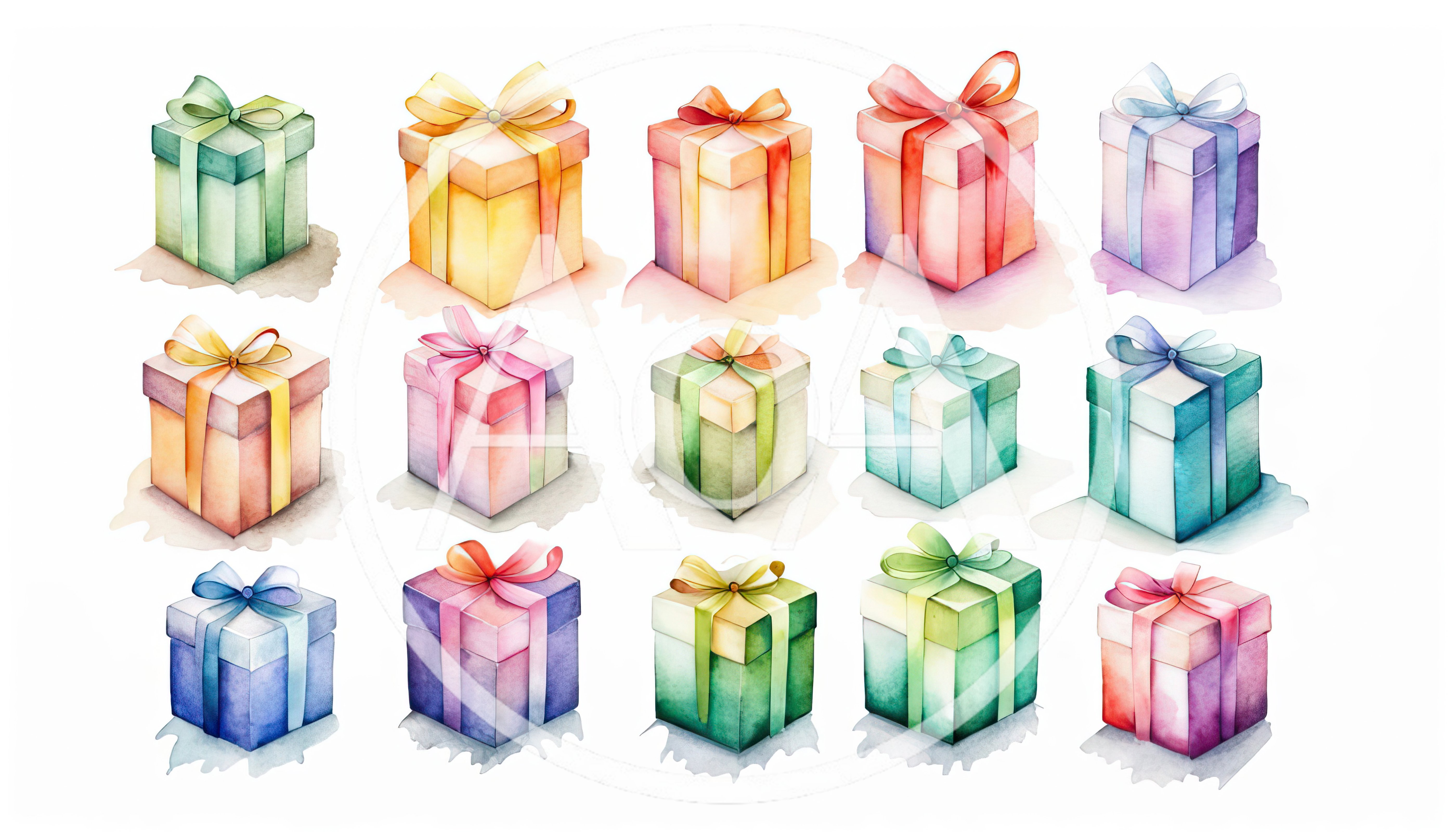 Watercolor Illustration Set Of Colorful Gift Boxes