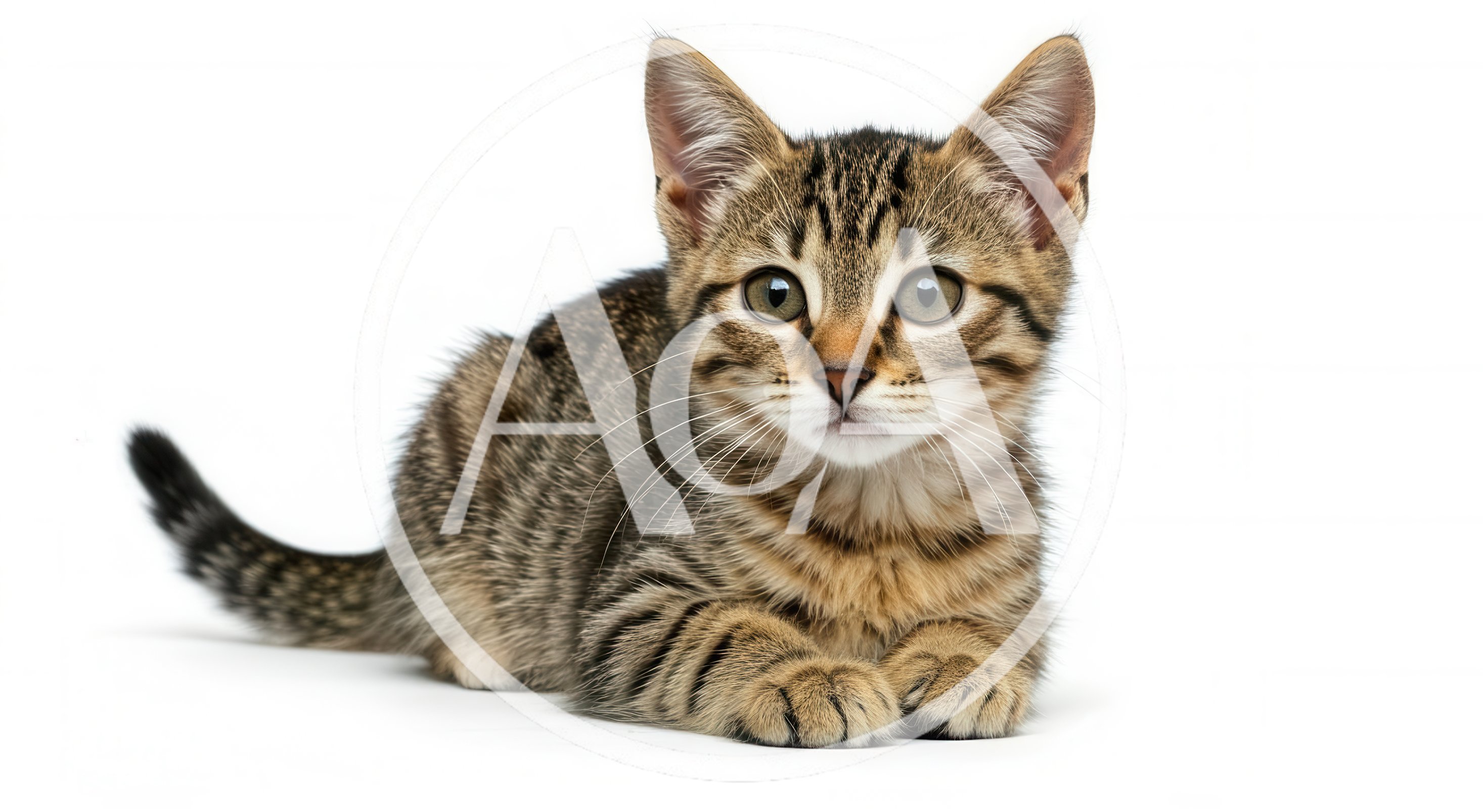 Adorable Tabby Kitten Sitting On White Background