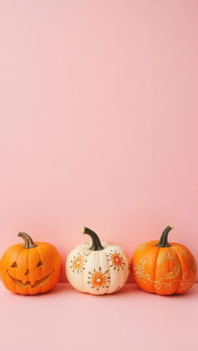 Three Decorative Pumpkins Arranged on Pink Background
