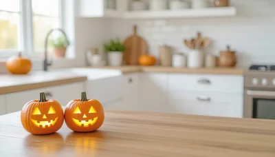 Two Glowing Jack O Lanterns On A Kitchen Counter