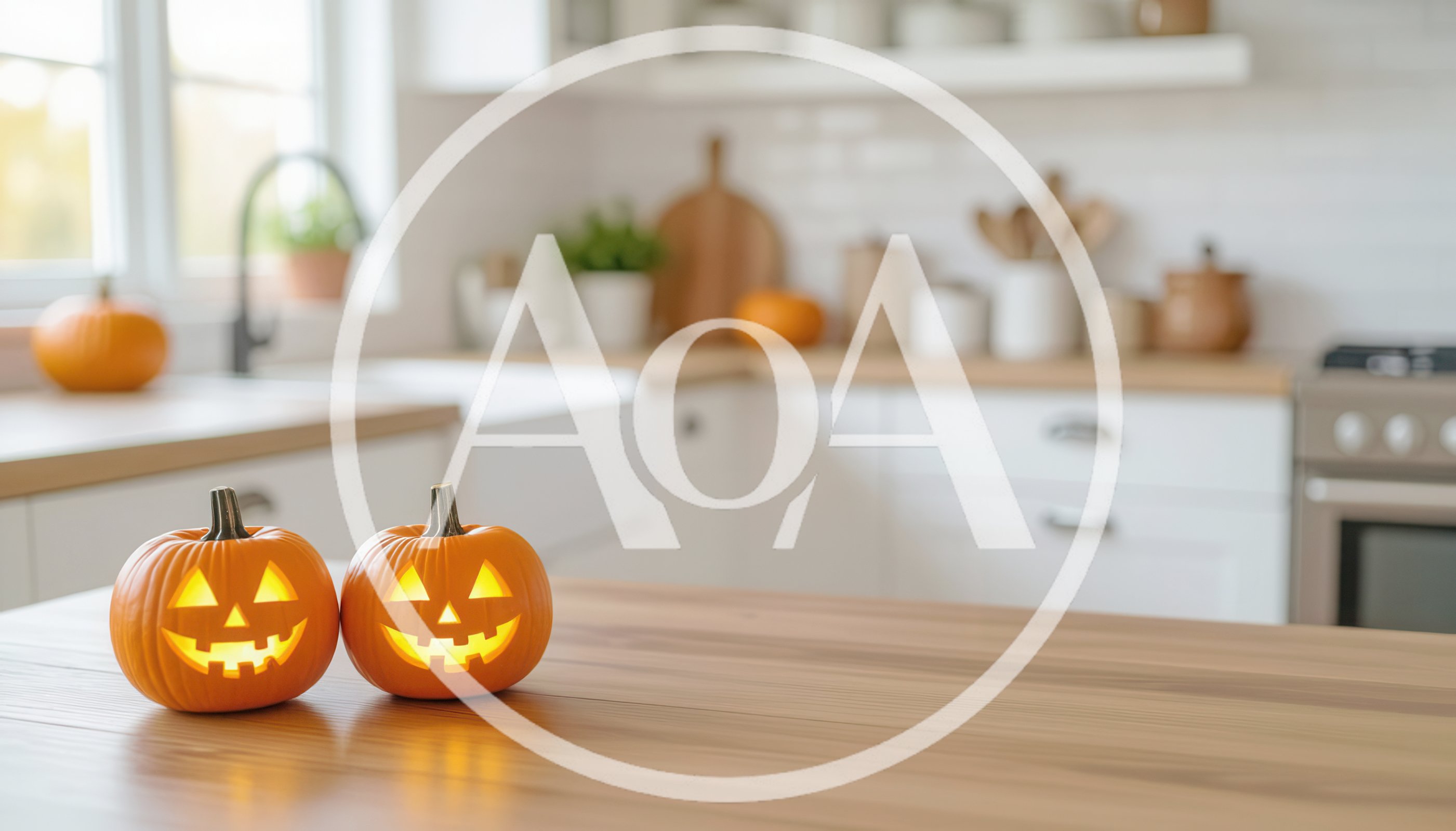 Two Glowing Jack O Lanterns On A Kitchen Counter