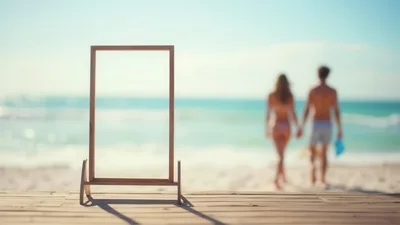 Empty Wooden Picture Frame On Beach Boardwalk