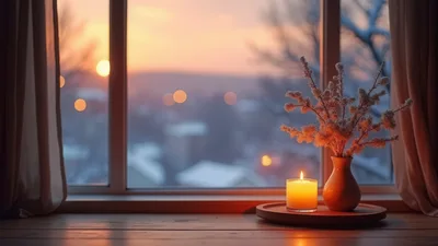 Cozy Winter Window Sill With Candle And Dried Flowers