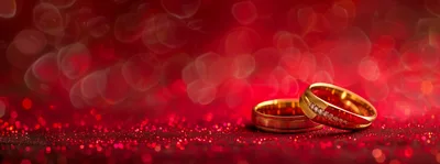 Two Gold Wedding Rings on Red Glitter Background