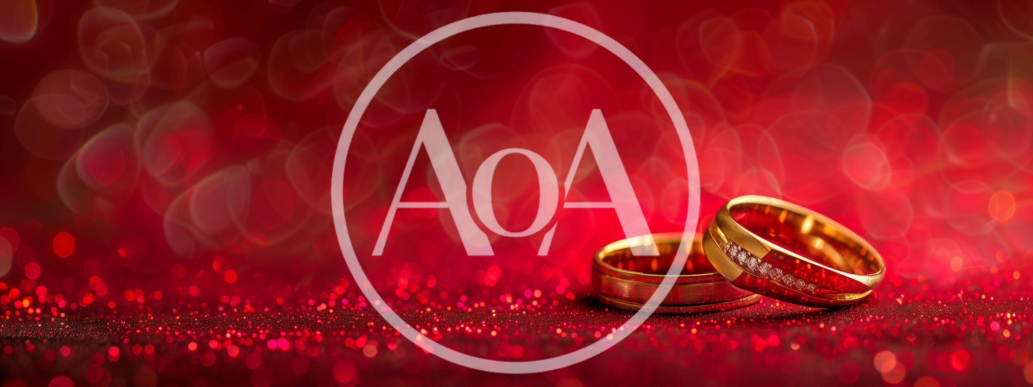 Two Gold Wedding Rings on Red Glitter Background