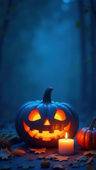 Glowing Jack O Lantern With Candle In Dark Forest