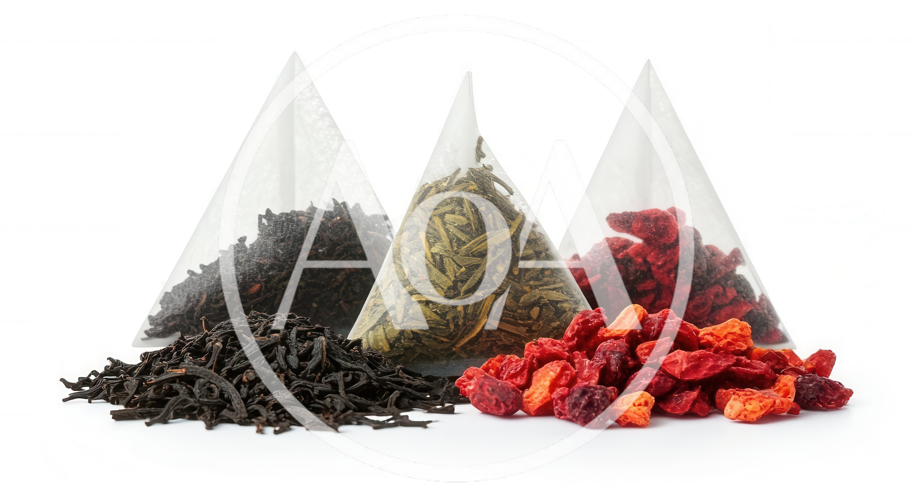 Three Pyramid Tea Bags With Loose Tea And Berries