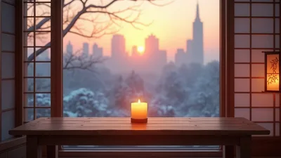 Lit Candle on Wooden Table Overlooking Snowy Cityscape