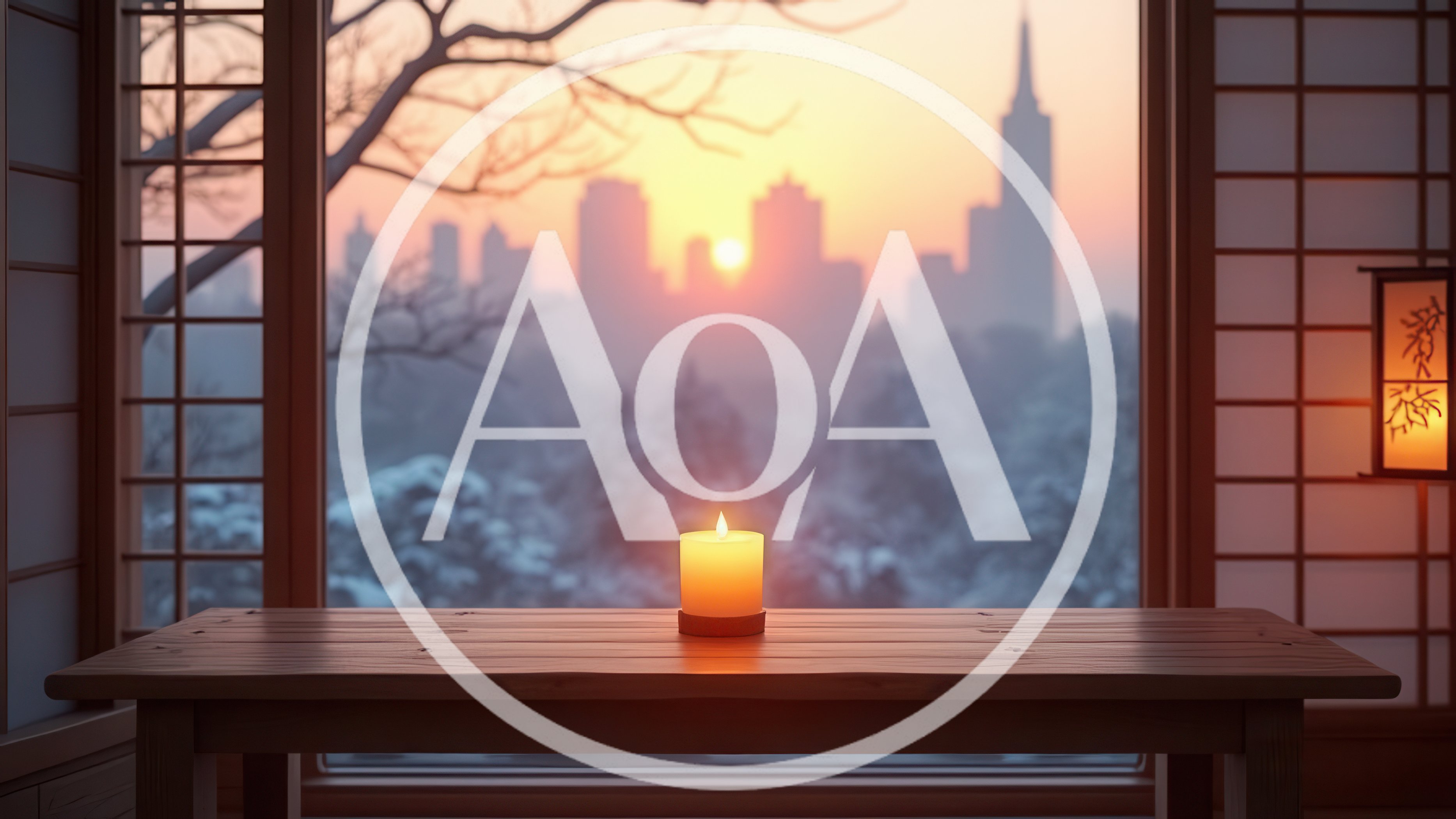 Lit Candle on Wooden Table Overlooking Snowy Cityscape