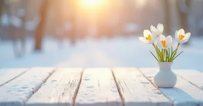 White Crocus Flowers In A Vase On Snowy Table