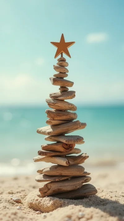 Driftwood Christmas Tree Sculpture On Tropical Beach