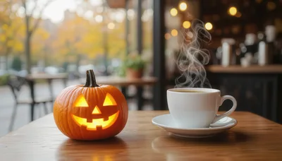Jack O Lantern Pumpkin And Steaming Coffee Cup