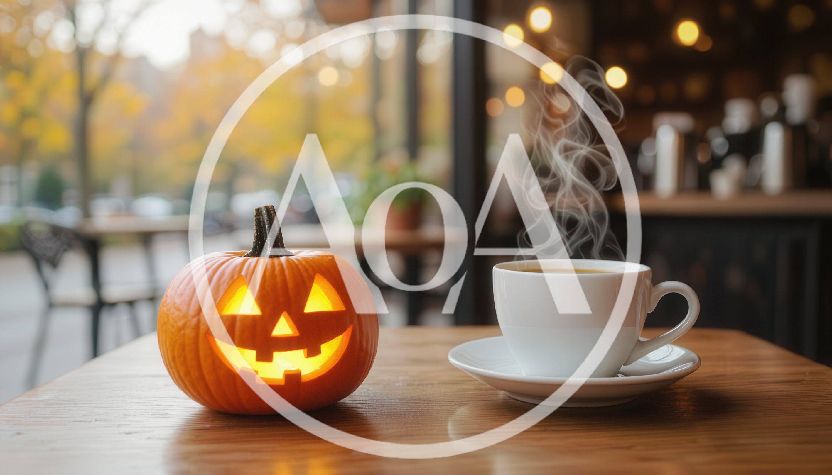 Jack O Lantern Pumpkin And Steaming Coffee Cup