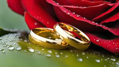 Two Gold Wedding Rings Resting On A Dewy Leaf