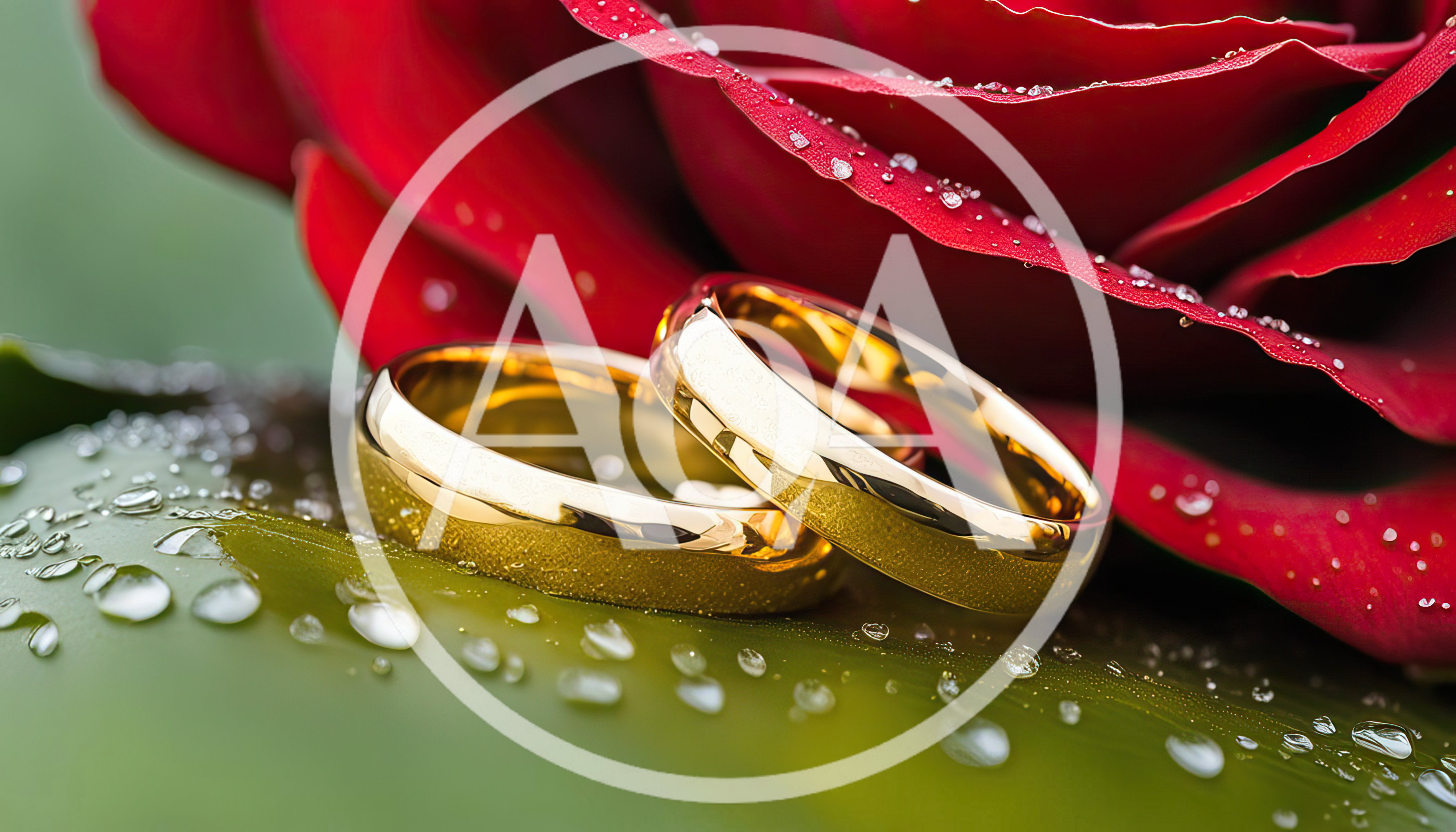 Two Gold Wedding Rings Resting On A Dewy Leaf