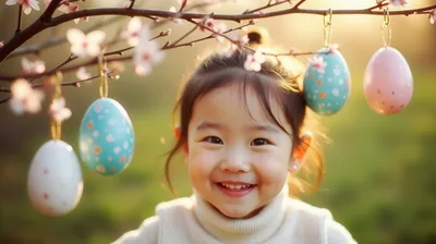 Happy Asian Child Smiling Under Flowering Easter Tree
