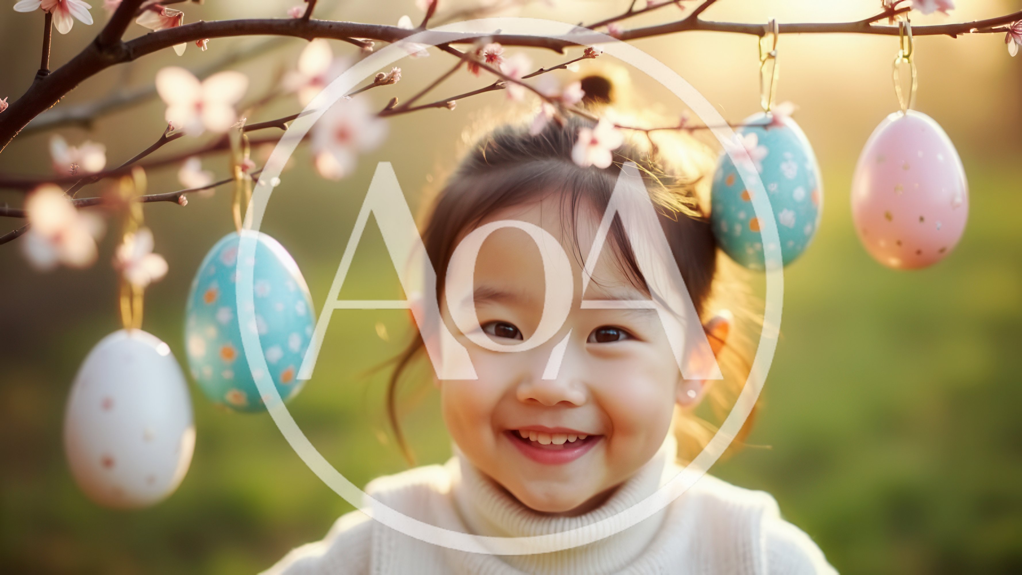 Happy Asian Child Smiling Under Flowering Easter Tree
