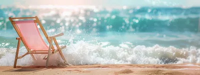 Pink Beach Chair On Sandy Shore With Crashing Waves