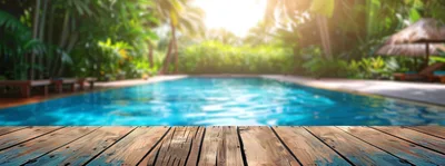 Wooden Deck Overlooking A Tropical Resort Swimming Pool