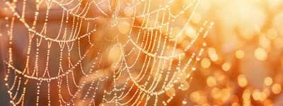Spider Web With Dew Drops At Sunrise