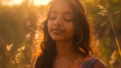 Young Woman Meditating Outdoors During Golden Hour