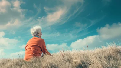 Elderly Woman Sitting Alone In A Grassy Field