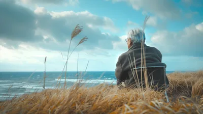Elderly Person Sitting Alone Overlooking The Ocean