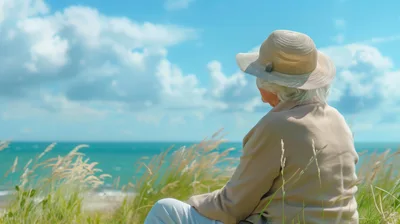 Elderly Woman Sitting Alone Overlooking The Ocean