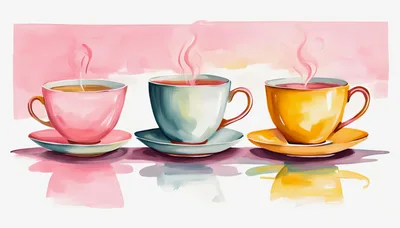 Three Colorful Tea Cups With Steam