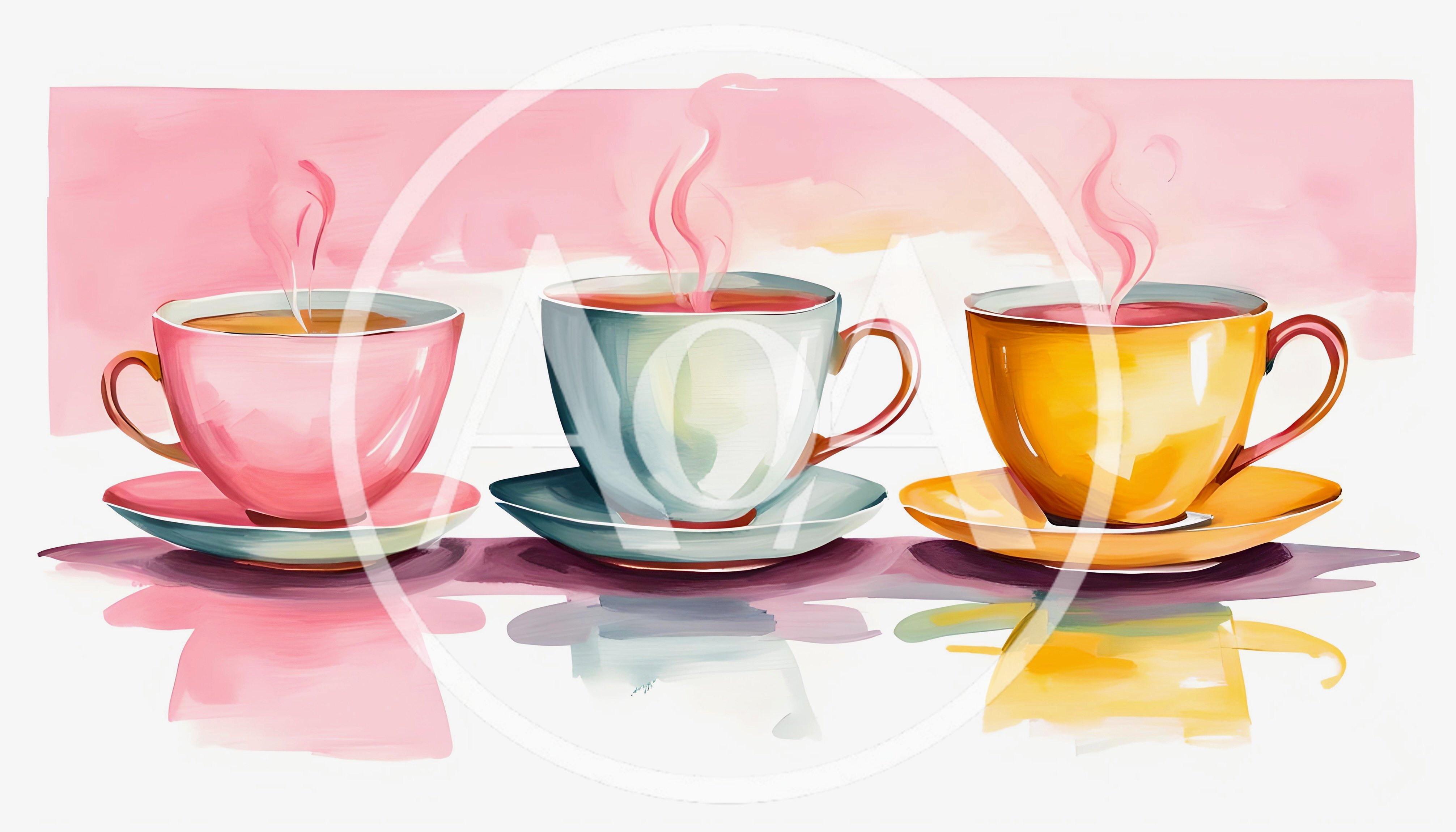 Three Colorful Tea Cups With Steam