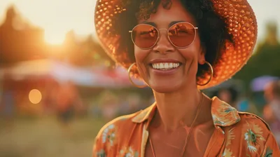 Smiling Woman Wearing Sun Hat and Sunglasses at Festival