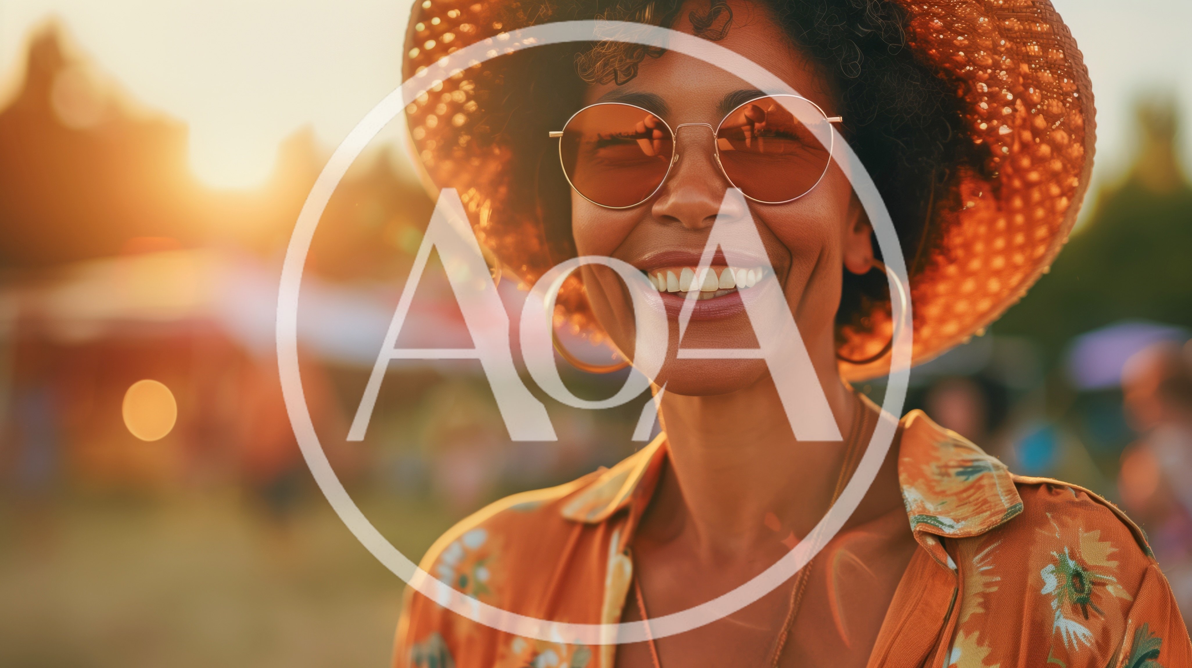 Smiling Woman Wearing Sun Hat and Sunglasses at Festival