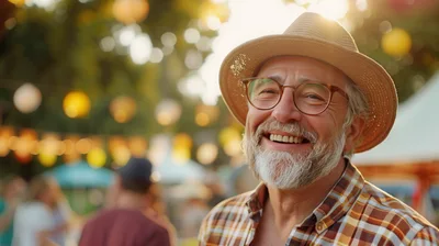 Happy Senior Man Smiling at Outdoor Summer Festival