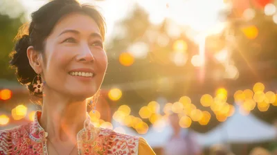 Smiling Mature Asian Woman at Outdoor Evening Festival