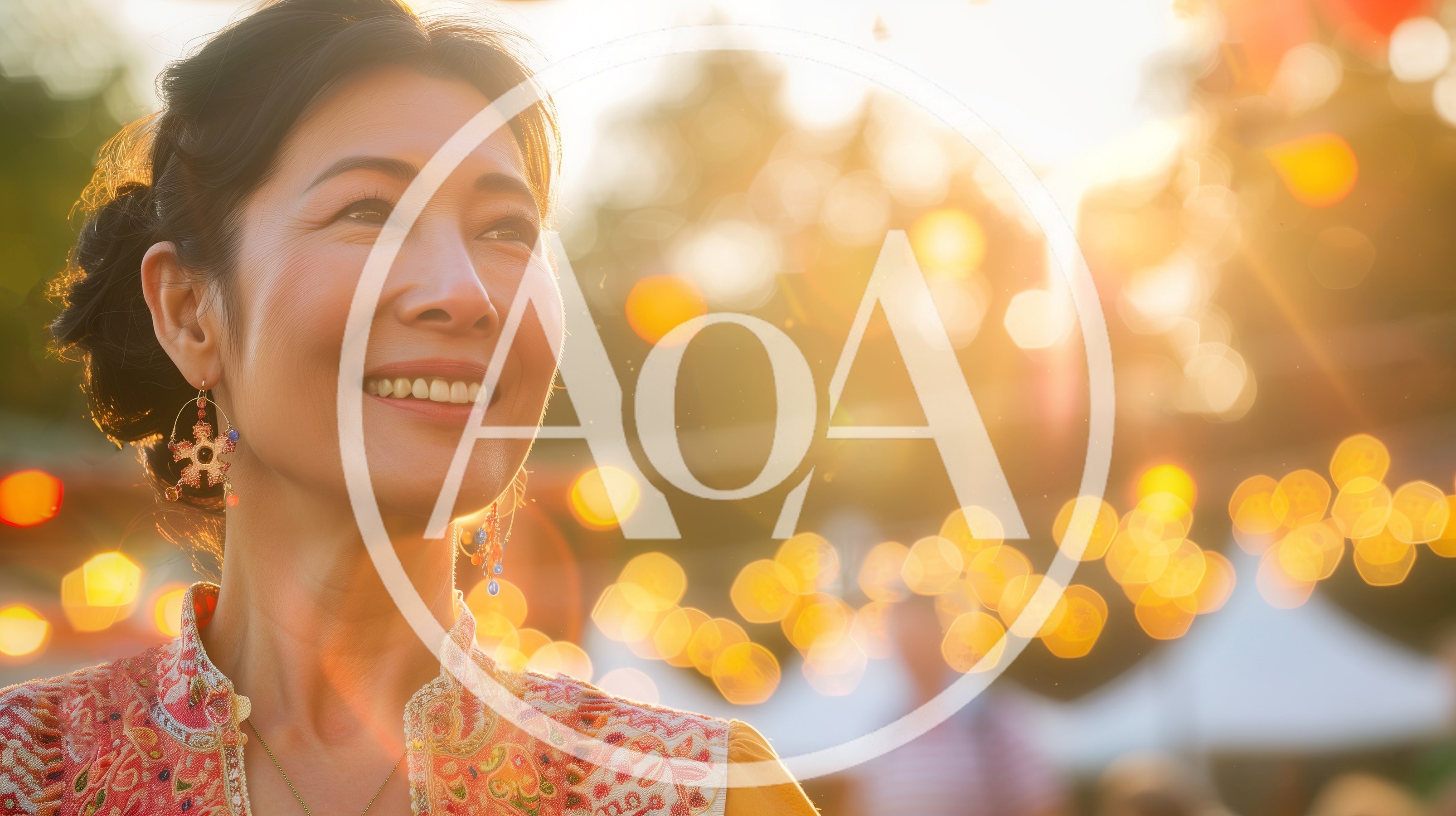 Smiling Mature Asian Woman at Outdoor Evening Festival