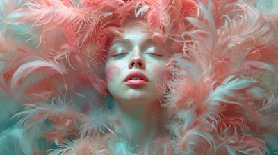 Woman Floating Surrounded By Soft Pink Feathers