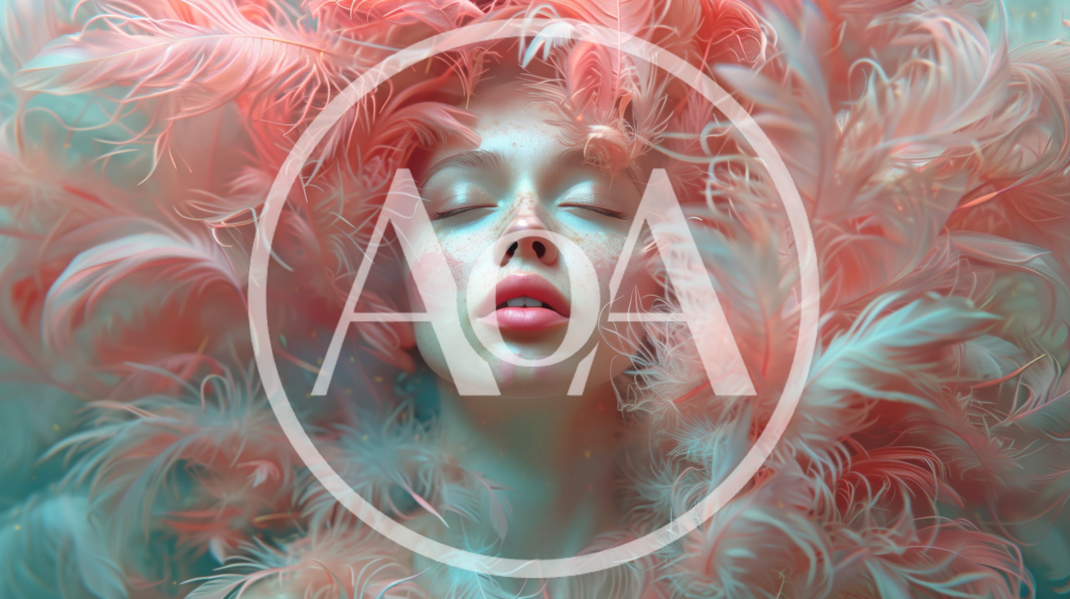 Woman Floating Surrounded By Soft Pink Feathers