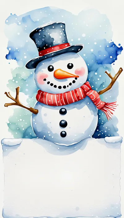Watercolor Illustration Of A Cheerful Snowman With Blank Sign
