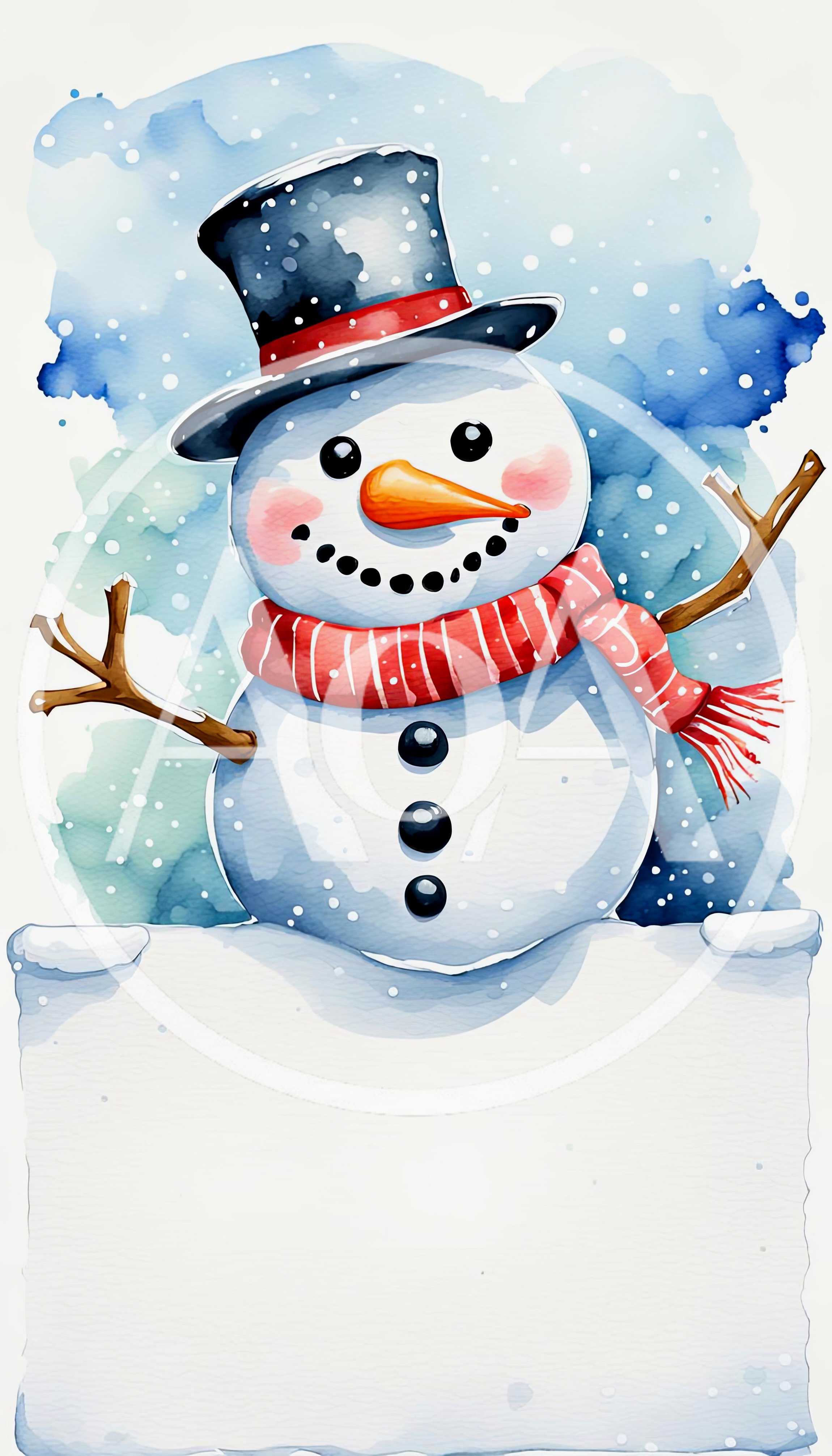 Watercolor Illustration Of A Cheerful Snowman With Blank Sign